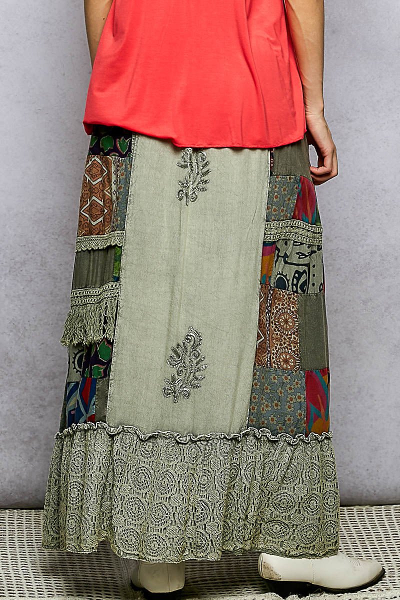 POL Printed Patchwork Embroidered Ruffled Skirt | Skirts | 3