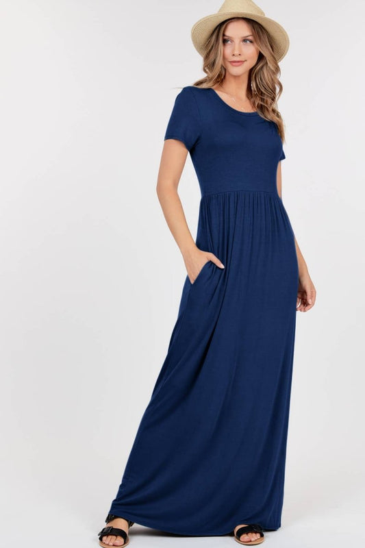 Pre - Order Short Sleeve Maxi Dress W Empire Waist And Pockets | Maxi Dresses | 1