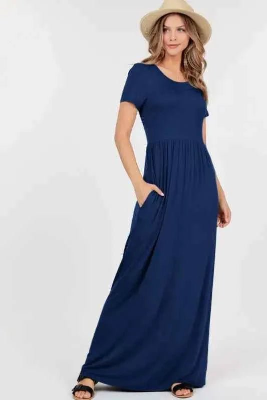 Pre-Order Short Sleeve Maxi Dress W Empire Waist And Pockets