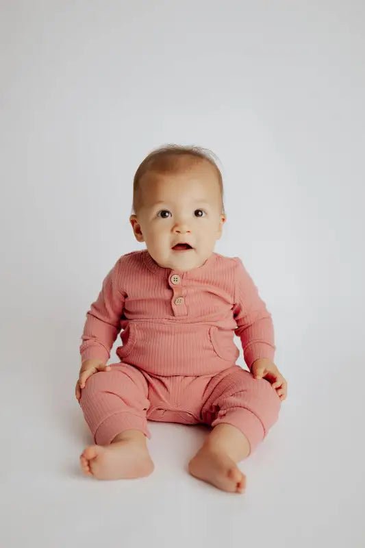 Precious Pink Baby Ribbed Playsuit with pockets by Three Little Tots - Toddler Pajamas