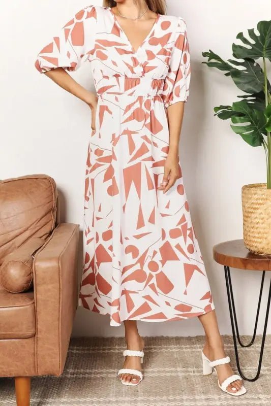 Printed Surplice Balloon Sleeve Dress - Camel / S - Dresses