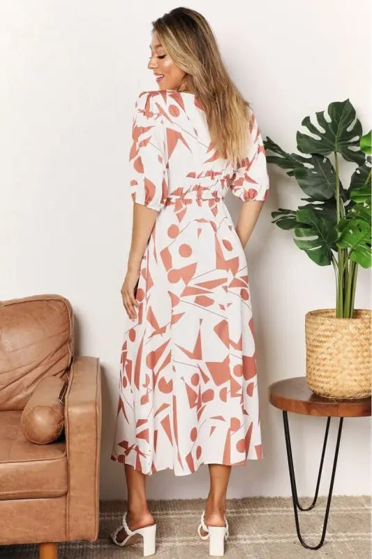Printed Surplice Balloon Sleeve Dress - Dresses