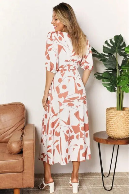 Printed Surplice Balloon Sleeve Dress - Dresses