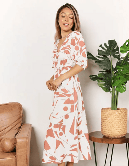 Printed Surplice Balloon Sleeve Dress - Dresses