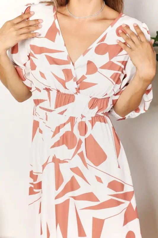 Printed Surplice Balloon Sleeve Dress - Dresses