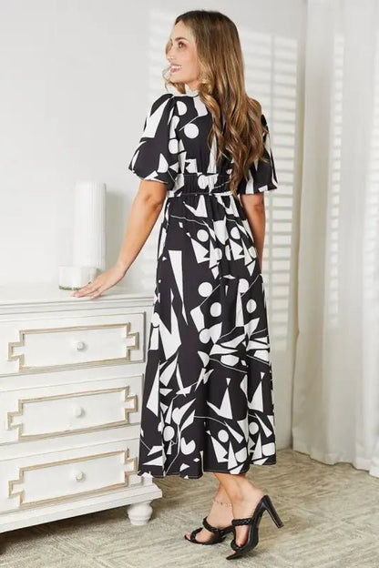 Printed Surplice Balloon Sleeve Dress - Dresses