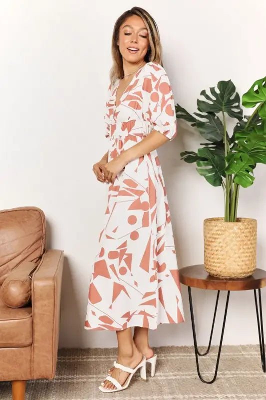 Printed Surplice Balloon Sleeve Dress - Dresses