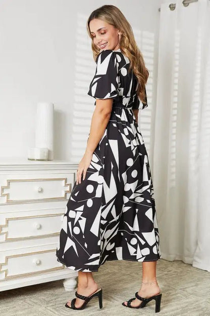Printed Surplice Balloon Sleeve Dress - Dresses