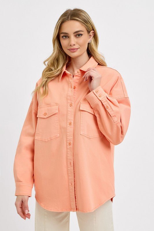 RISEN Full Size Button Down Long Sleeve Denim Shacket with Chest Pockets Plus Size | Shackets | 3