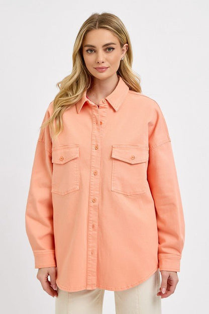 RISEN Full Size Button Down Long Sleeve Denim Shacket with Chest Pockets Plus Size | Shackets | 1