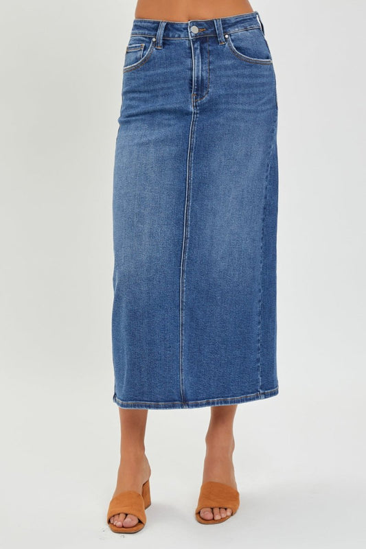 RISEN High Rise Back Slit Denim Skirt | Maxi Skirts | 1