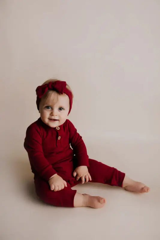 Ruby Red Baby Ribbed Playsuit with pockets by Three Little Tots - Toddler Pajamas