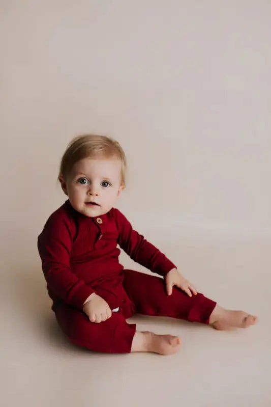 Ruby Red Baby Ribbed Playsuit with pockets by Three Little Tots - Toddler Pajamas