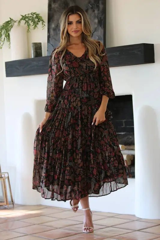 Ruth V-Neck Sheer Overlay Maxi Dress - Dresses floral print midi dress
