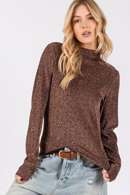 SAGE + FIG Glitter Mock Neck Lettuce Hem Long Sleeve Top | Tops | 4