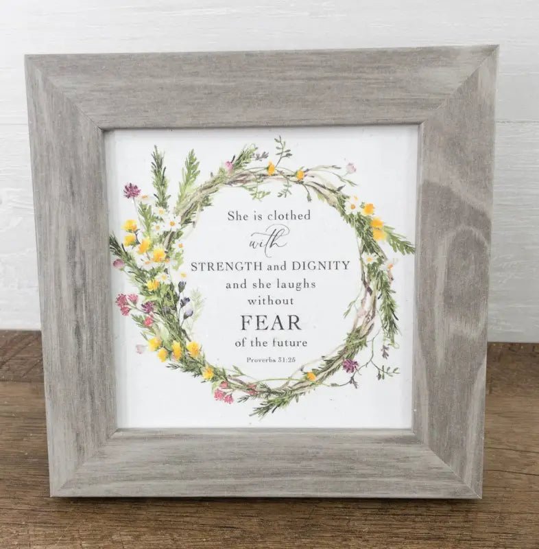 She Is Clothed With Strength and Dignity Proverbs 31 Picture - Greige Frame - Shelf & Wall Art