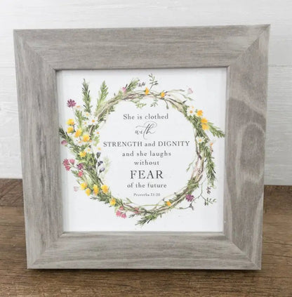 She Is Clothed With Strength and Dignity Proverbs 31 Picture - Greige Frame - Shelf & Wall Art
