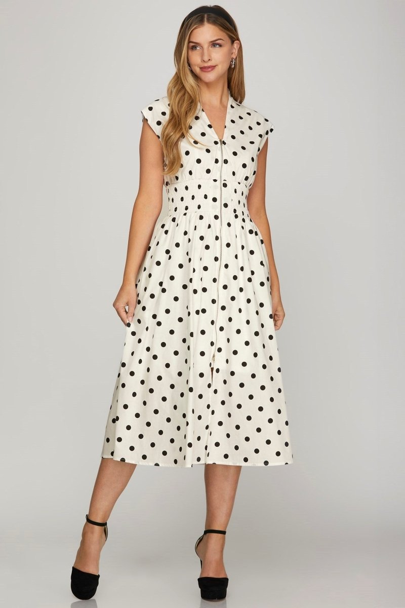 She + Sky Front Zip Polka Dots Cap Sleeve Midi Dress | Dresses | 1