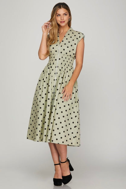 She + Sky Front Zip Polka Dots Cap Sleeve Midi Dress | Dresses | 1