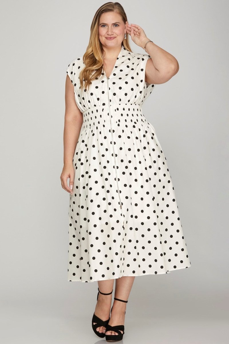 She + Sky Front Zip Polka Dots Cap Sleeve Midi Dress | Dresses | 3