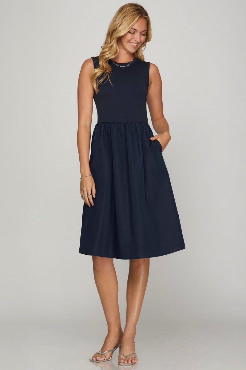 She + Sky Full Size Sleeveless Poplin Woven Midi Dress with Pockets Plus Size | Dresses | 1