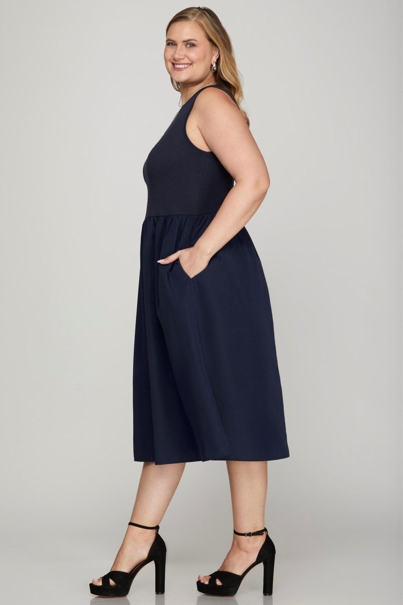 She + Sky Full Size Sleeveless Poplin Woven Midi Dress with Pockets Plus Size | Dresses | 3