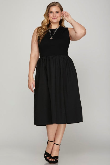 She + Sky Full Size Sleeveless Poplin Woven Midi Dress with Pockets Plus Size | Dresses | 3