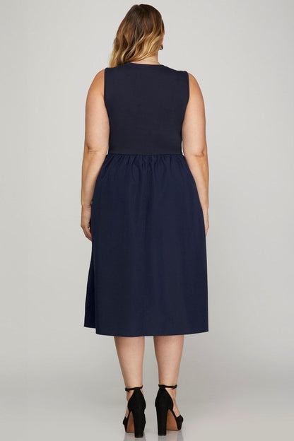 She + Sky Full Size Sleeveless Poplin Woven Midi Dress with Pockets Plus Size | Dresses | 5