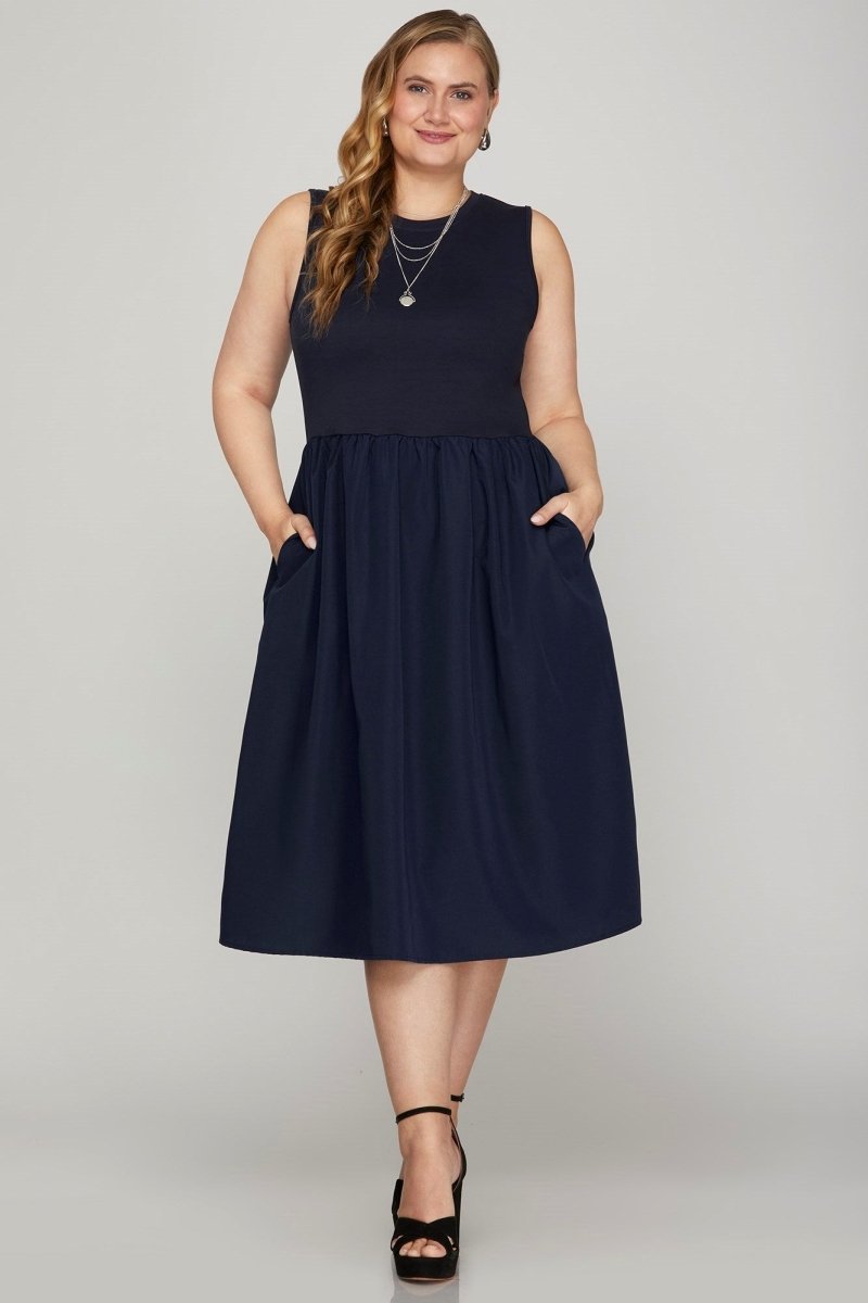 She + Sky Full Size Sleeveless Poplin Woven Midi Dress with Pockets Plus Size | Dresses | 4