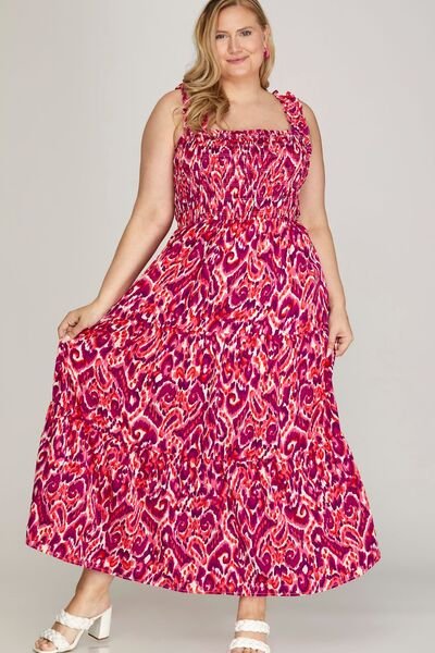 She + Sky Full Size Smocked Printed Wide Strap Tiered Dress Plus Size | Dresses | 4