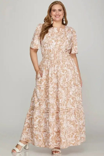 She + Sky Printed Notched Woven Tiered Pintuck Maxi Dress with Side Pockets - Dresses