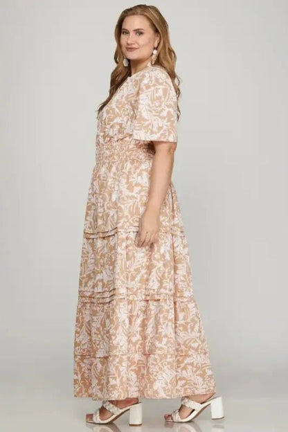 She + Sky Printed Notched Woven Tiered Pintuck Maxi Dress with Side Pockets - Dresses