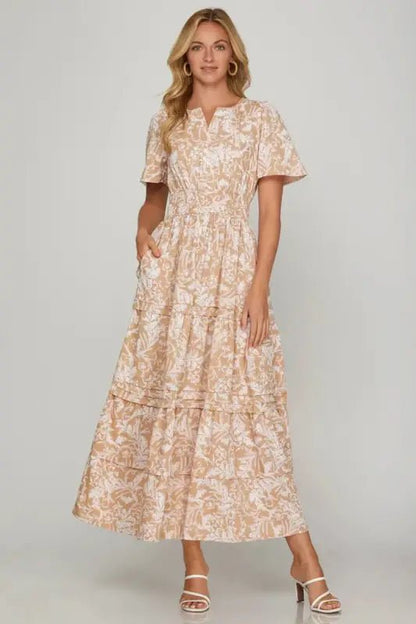 She + Sky Printed Notched Woven Tiered Pintuck Maxi Dress with Side Pockets - Apricot / S - Dresses