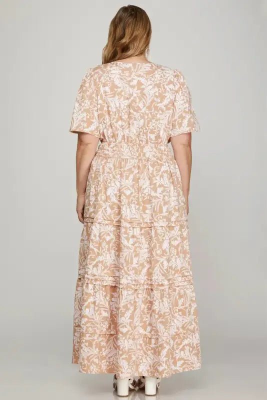 She + Sky Printed Notched Woven Tiered Pintuck Maxi Dress with Side Pockets - Dresses