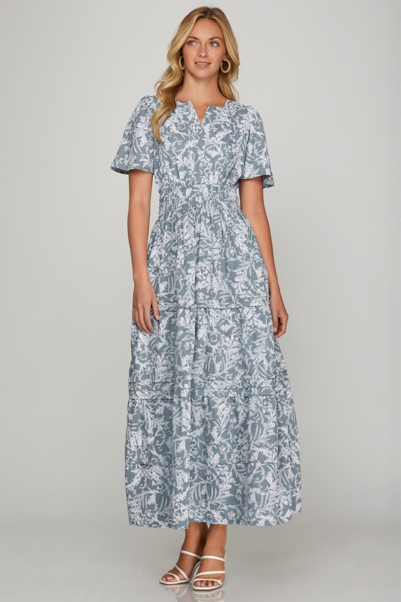 She + Sky Printed Notched Woven Tiered Pintuck Maxi Dress with Side Pockets | Dresses | 1