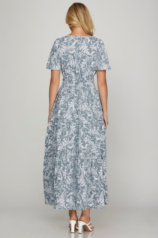 She + Sky Printed Notched Woven Tiered Pintuck Maxi Dress with Side Pockets | Dresses | 2