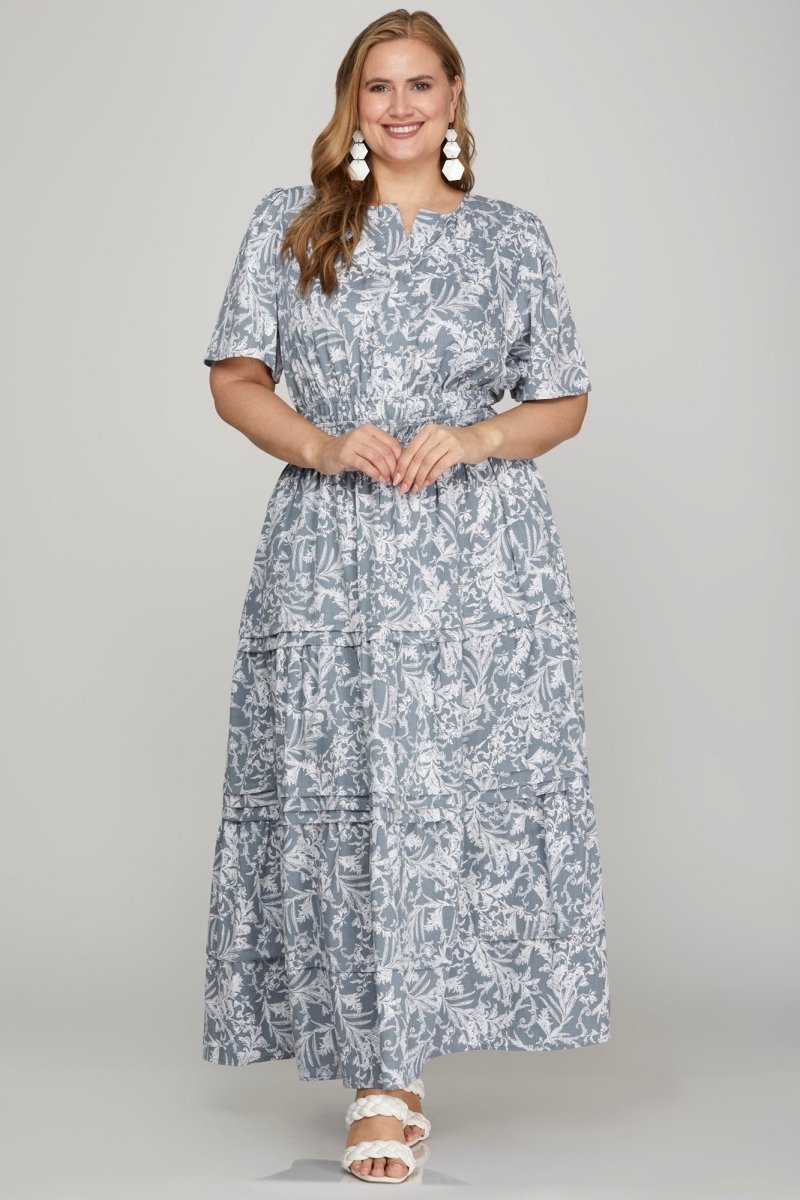 She + Sky Printed Notched Woven Tiered Pintuck Maxi Dress with Side Pockets | Dresses | 3