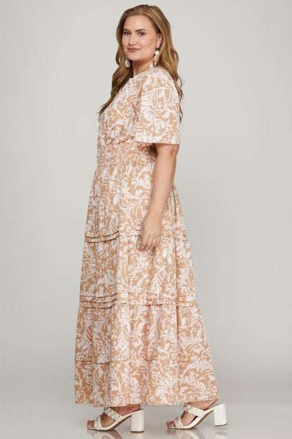 She + Sky Printed Notched Woven Tiered Pintuck Maxi Dress with Side Pockets | Dresses | 4