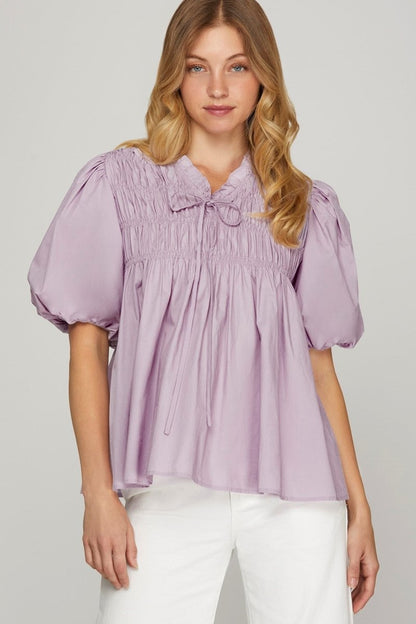 She + Sky Smocked Front Puff Sleeve Woven Blouse | Tops | 1