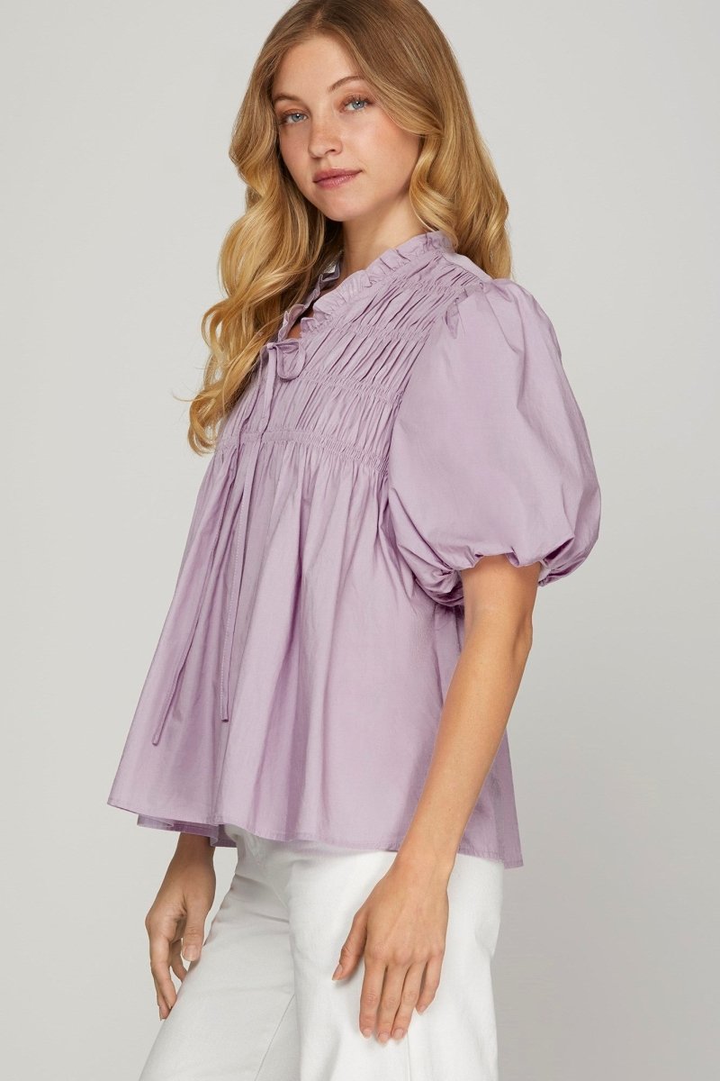 She + Sky Smocked Front Puff Sleeve Woven Blouse | Tops | 2