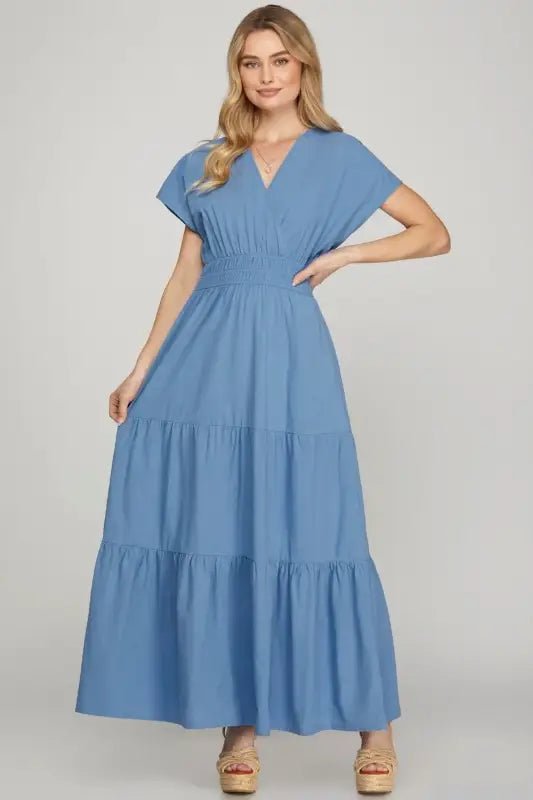 She + Sky Surplice Short Sleeve Tiered Maxi Dress With Pockets - Cerulean / S - Dresses