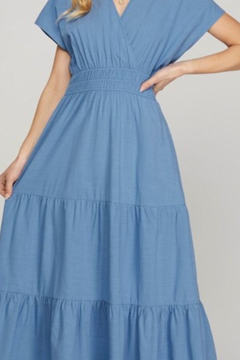 She + Sky Surplice Short Sleeve Tiered Maxi Dress With Pockets | Dresses | 3