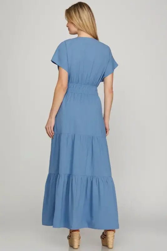 She + Sky Surplice Short Sleeve Tiered Maxi Dress With Pockets - Dresses
