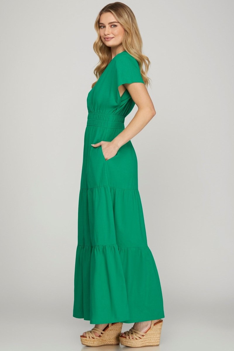 She + Sky Surplice Short Sleeve Tiered Maxi Dress With Pockets | Dresses | 3