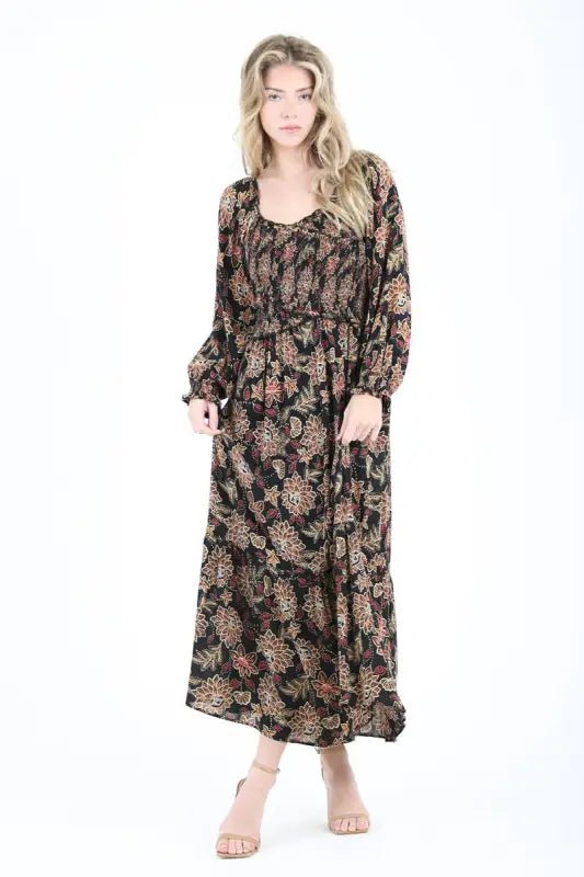 Smocked Criss Cross Body Maxi Dress - Small - Dresses long-sleeved floral maxi dress