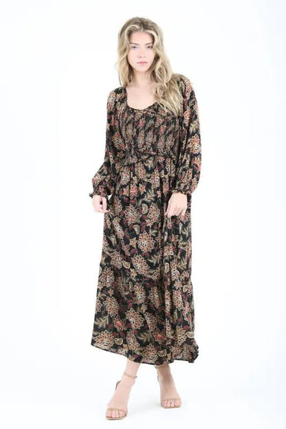 Smocked Criss Cross Body Maxi Dress - Small - Dresses long-sleeved floral maxi dress