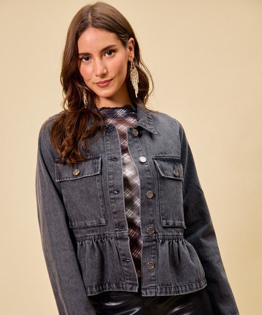 SO ME Denim Peplum Hem Front Button Jacket With Pockets | Jackets | 1