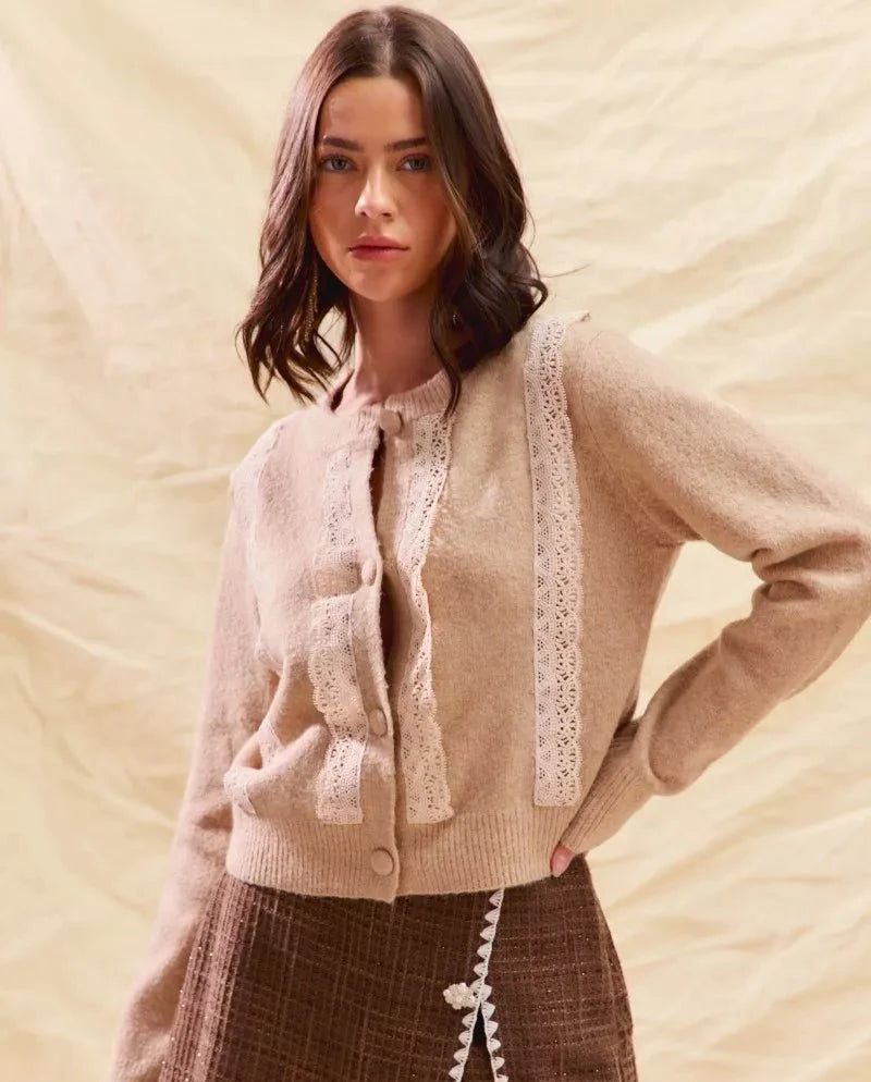 SO ME Front Lace Trim Button Cardigan Sweater | Cardigans | 5