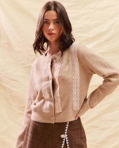 SO ME Front Lace Trim Button Cardigan Sweater | Cardigans | 5