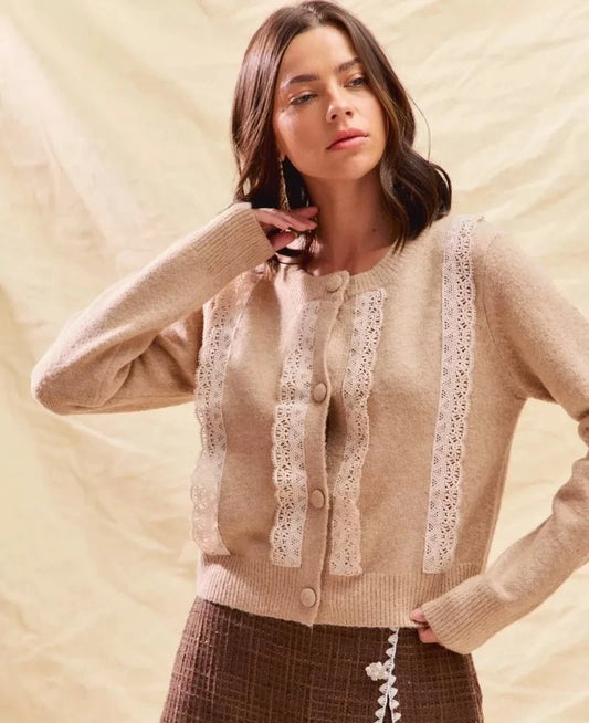 SO ME Front Lace Trim Button Cardigan Sweater | Cardigans | 2